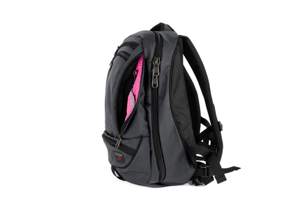 Synik 22 in Nebulous Grey Ballistic with Cerise (bright pink with white grid) Halcyon interior.
